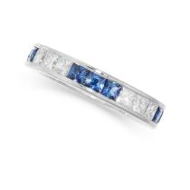 A SAPPHIRE AND DIAMOND ETERNITY RING set with alternating trios of step cut sapphires and princess