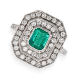 AN EMERALD AND DIAMOND CLUSTER RING in 18ct white gold, the octagonal face set to the centre with an