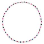 A RUBY, SAPPHIRE AND DIAMOND LINE NECKLACE in 18ct white gold, comprising a single row of