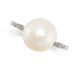 A PEARL AND DIAMOND RING set with a pearl of 10.8mm, each shoulder set with trios of single cut