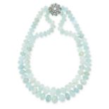 AN AQUAMARINE, EMERALD, PEARL AND ZIRCON NECKLACE comprising two rows of faceted aquamarine beads