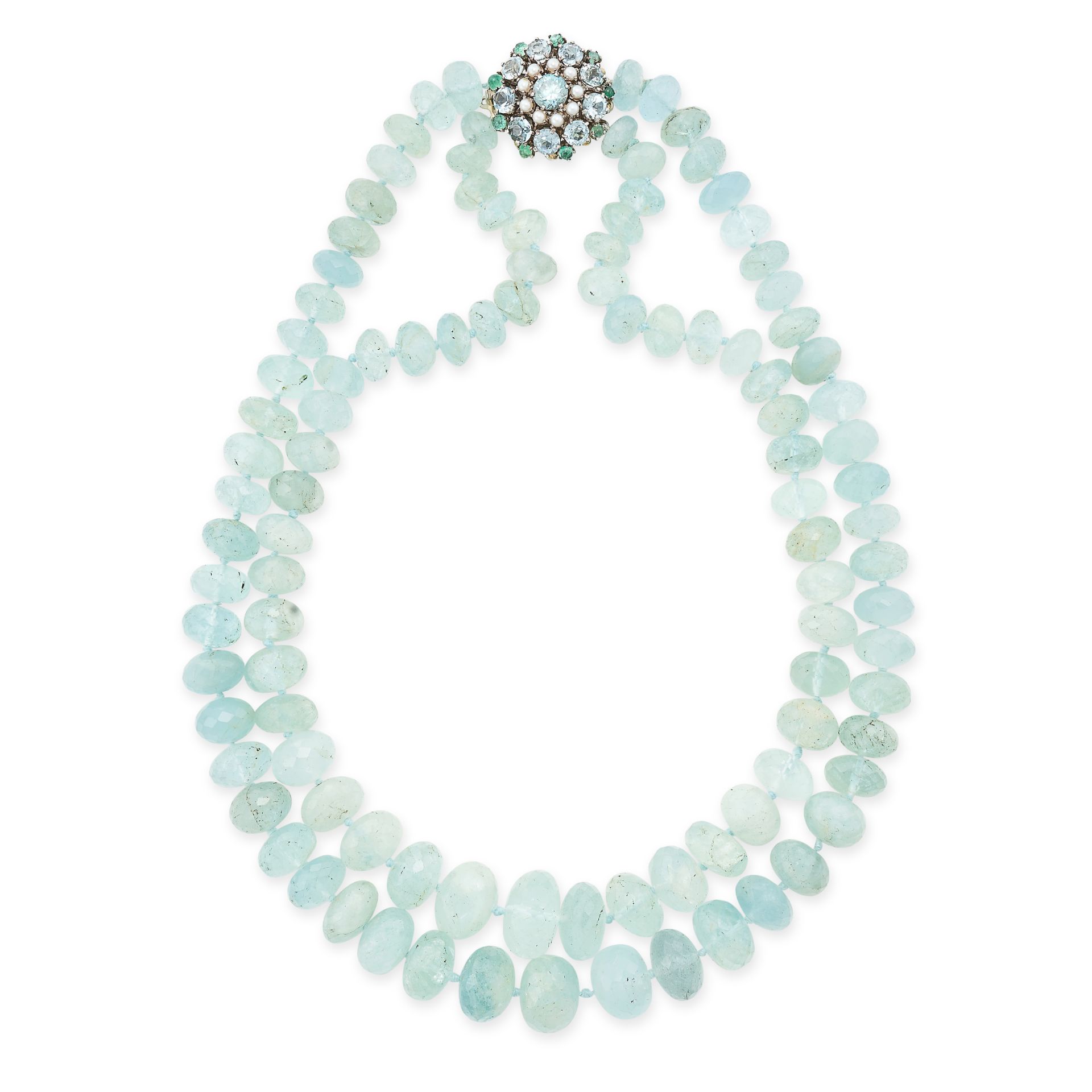 AN AQUAMARINE, EMERALD, PEARL AND ZIRCON NECKLACE comprising two rows of faceted aquamarine beads