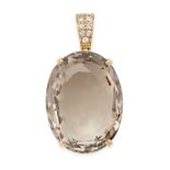 A SMOKY QUARTZ AND DIAMOND PENDANT in 18ct yellow gold, set with a large oval cut smoky quartz,