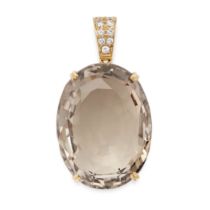 A SMOKY QUARTZ AND DIAMOND PENDANT in 18ct yellow gold, set with a large oval cut smoky quartz,