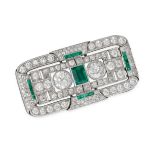 AN ART DECO EMERALD AND DIAMOND PLAQUE BROOCH in platinum and 14ct white gold, set to the centre