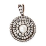 AN ANTIQUE PEARL AND DIAMOND CLUSTER BROOCH/PENDANT in yellow gold and silver, set with a pearl of