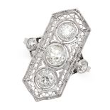 A BELLE EPOQUE DIAMOND RING set with three principal old cut diamonds within an openwork border,