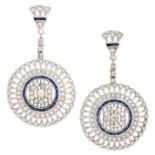 A PAIR OF DIAMOND AND SAPPHIRE DROP EARRINGS in Art Deco design, each comprising a fan motif