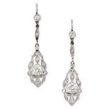 A PAIR OF ANTIQUE DIAMOND DROP EARRINGS each set with a row of old European and single cut diamonds,