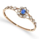 AN ANTIQUE VICTORIAN CEYLON NO HEAT SAPPHIRE AND DIAMOND BANGLE, 19TH CENTURY in yellow gold and