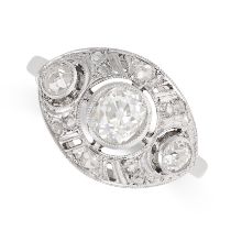 A FRENCH ART DECO DIAMOND DRESS RING in platinum, the navette shaped face set to the centre with