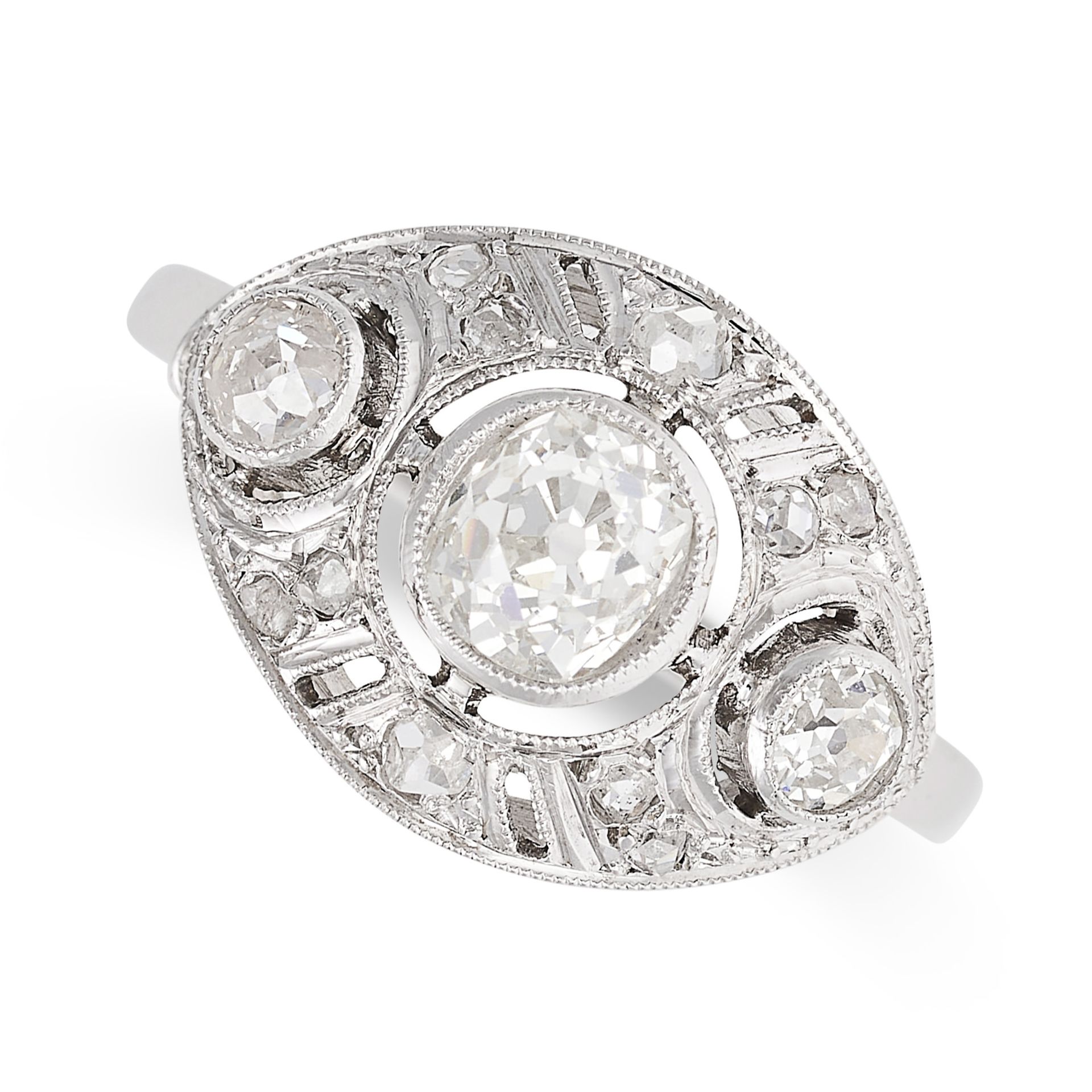 A FRENCH ART DECO DIAMOND DRESS RING in platinum, the navette shaped face set to the centre with