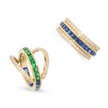 A SAPPHIRE AND TSAVORITE GARNET REVERSIBLE RING in 18ct yellow gold, the central band half set