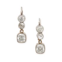 A PAIR OF DIAMOND DROP EARRINGS in yellow gold, each set with two old cut diamonds and an