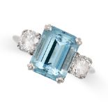 AN AQUAMARINE AND DIAMOND THREE STONE RING in 18ct white gold, set with an octagonal step cut