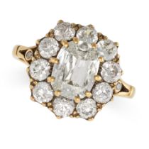 A DIAMOND CLUSTER RING in 18ct yellow gold, set with an antique cushion cut diamond of 1.51 carats