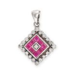 A RUBY AND DIAMOND PENDANT in 18ct white gold, set to the centre with a round brilliant cut