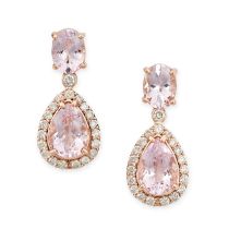 A PAIR OF MORGANITE AND DIAMOND DROP EARRINGS in 18ct rose gold, each set with an oval cut morganite