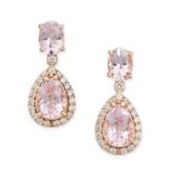 A PAIR OF MORGANITE AND DIAMOND DROP EARRINGS in 18ct rose gold, each set with an oval cut morganite