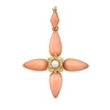 AN ANTIQUE CORAL, DIAMOND AND PEARL PENDANT in yellow gold, designed as a cross set with pear and