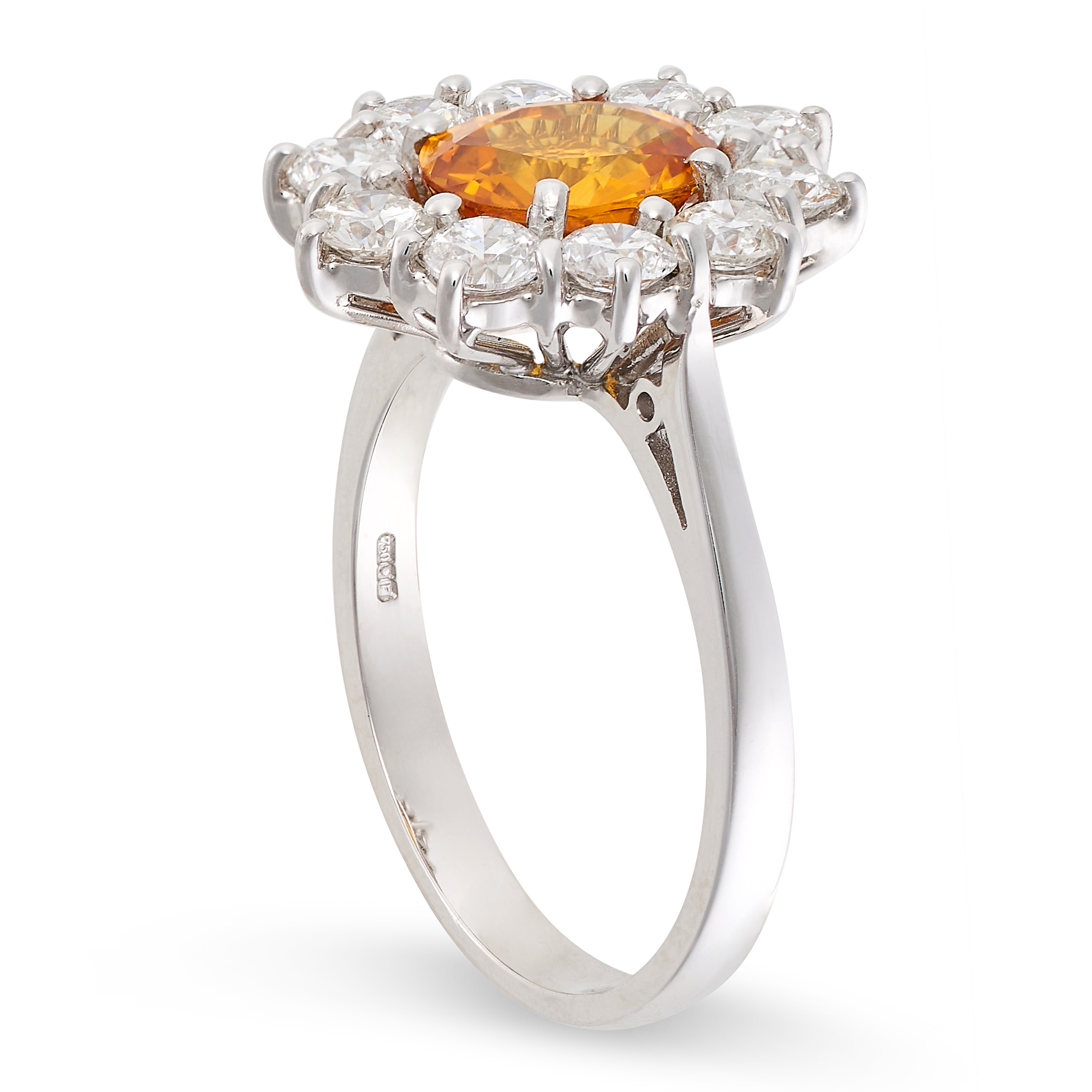 A YELLOW SAPPHIRE AND DIAMOND CLUSTER RING in 18ct white gold, set with an oval cut yellow - Image 2 of 2