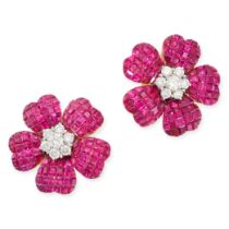 A PAIR OF BURMESE RUBY AND DIAMOND FLOWER EARRINGS each set with a central cluster of round