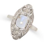 AN ART DECO MOONSTONE AND DIAMOND DRESS RING in yellow gold and platinum, set with a cushion