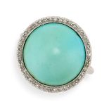 A TURQUOISE AND DIAMOND DRESS RING set with a round cabochon turquoise within a border of rose cut