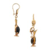 A PAIR OF ANTIQUE TIGER'S EYE WATER JUG EARRINGS in yellow gold, each designed to depict a ewer, the