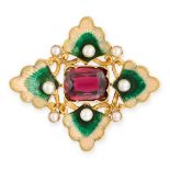 AN ANTIQUE GARNET, PEARL AND ENAMEL BROOCH set with a cushion cut garnet in a scalloped border of