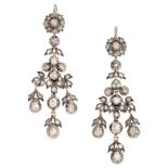 A FINE PAIR OF ANTIQUE DIAMOND GIRANDOLE EARRINGS, 19TH CENTURY in yellow gold and silver, the