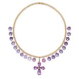 AN ANTIQUE AMETHYST AND PASTE NECKLACE comprising a fancy link chain set with articulated round