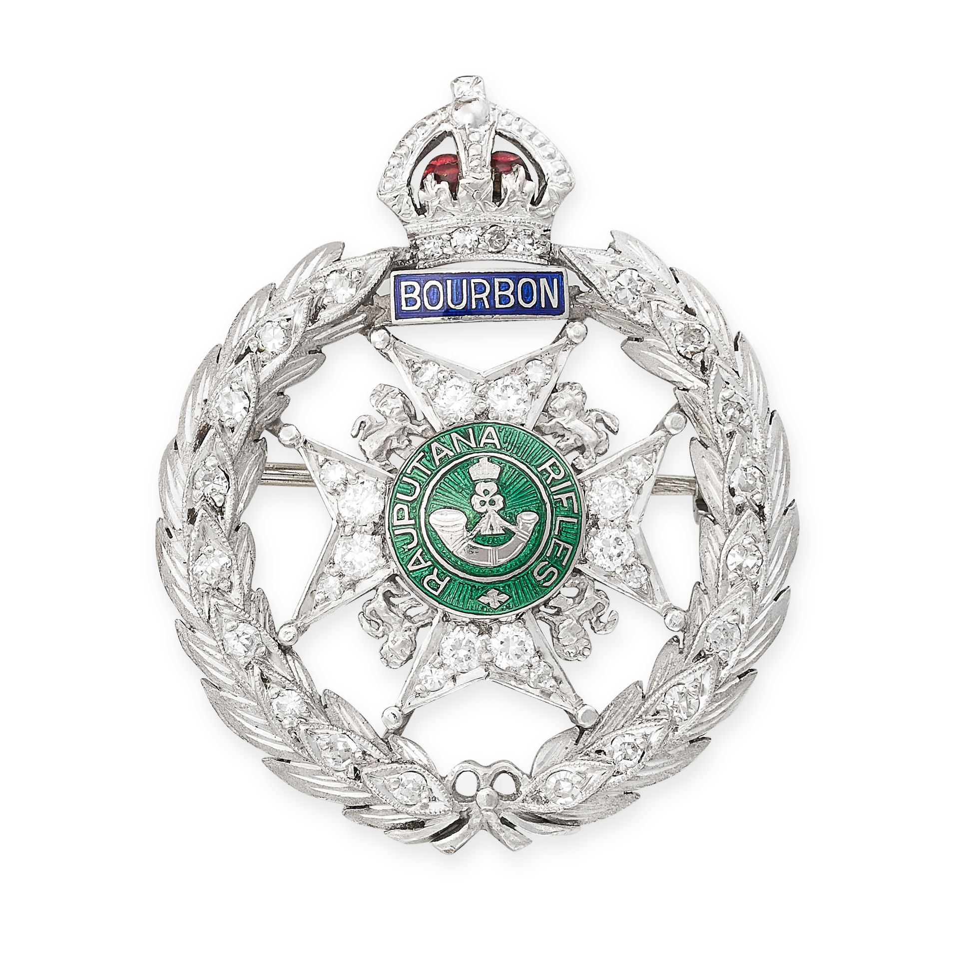 A DIAMOND AND ENAMEL REGIMENTAL BROOCH / BADGE CAP for the Rajputana Rifles, relieved in green, blue