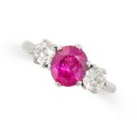 A RUBY AND DIAMOND DRESS RING in 18ct white gold, set with a cushion cut ruby of 1.59 carats between