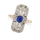 A SAPPHIRE AND DIAMOND DRESS RING in yellow gold and platinum, the octagonal face set with a cushion