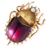 AN ANTIQUE OPAL, AMETHYST AND CITRINE BEETLE BROOCH in yellow gold, the body set with a foiled