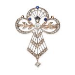 A BELLE EPOQUE SAPPHIRE AND DIAMOND BROOCH in yellow gold and platinum, the pierced body set with an