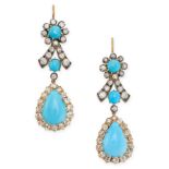 A PAIR OF ANTIQUE TURQUOISE AND DIAMOND DROP EARRINGS, 19TH CENTURY AND LATER in yellow gold and