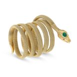 A FINE EMERALD AND RUBY SNAKE BRACELET in 18ct yellow gold, the woven body designed as a snake