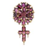 AN ANTIQUE GARNET AND PEARL CROSS BROOCH, 19TH CENTURY in yellow gold, designed as a cluster of oval