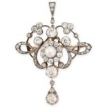 A FINE ANTIQUE ART NOUVEAU PEARL AND DIAMOND PENDANT / BROOCH in yellow gold and silver, the