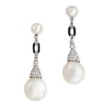 A FINE PAIR OF ART DECO NATURAL PEARL, DIAMOND AND ENAMEL DROP EARRINGS each set with a pearl of 8.