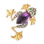 AN AMETHYST, TSAVORITE GARNET AND DIAMOND FROG BROOCH in yellow gold and silver, the body set with a