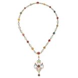 A FINE ANTIQUE ENAMEL  ZIRCON, GARNET AND SAPPHIRE NECKLACE in yellow gold, the detachable