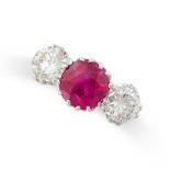 A FINE BURMA NO HEAT RUBY AND DIAMOND THREE STONE RING set with a cushion cut ruby of 2.0 carats