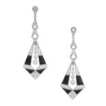 A PAIR OF ONYX AND DIAMOND EARRINGS each of pendent design, the tapering bodies set with polished