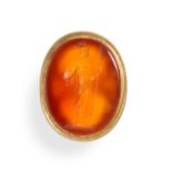 AN ANTIQUE CARNELIAN FOB SEAL / PENDANT set with a polished piece of carnelian engraved with the