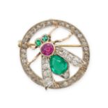 AN EMERALD, RUBY AND DIAMOND INSECT BROOCH designed as an insect set with a pear shaped and round