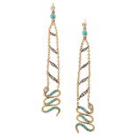 A PAIR OF ANTIQUE DIAMOND AND TURQUOISE SNAKE EARRINGS in yellow gold and silver, each of pendent