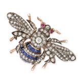 AN ANTIQUE SAPPHIRE AND DIAMOND BEE BROOCH in 18ct yellow gold, the body of the bee set with